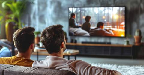 Achteraanzicht van een stel jongeren die kijken naar films op tv zittend op de bank in de woonkamer.